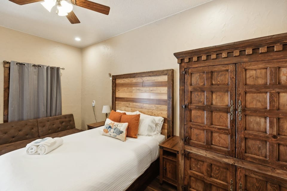 Indoors, Hardwood, Ceiling Fan, Furniture, Bed