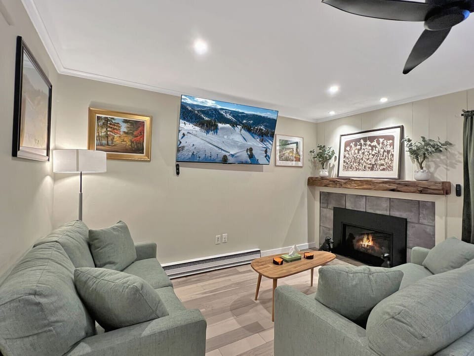 Living room with gas fireplace and Large TV.