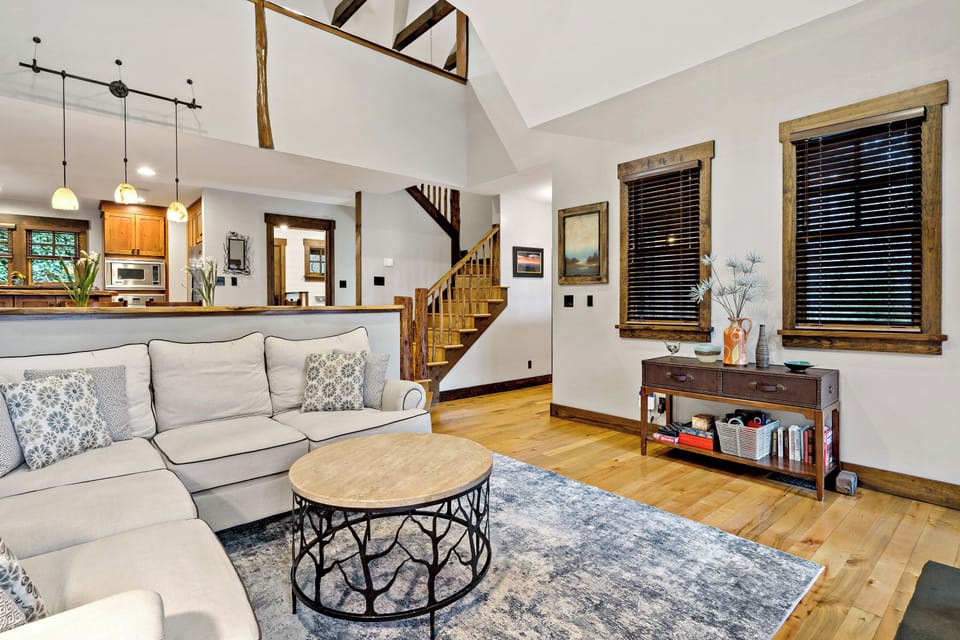 Living room with wood-burning fireplace