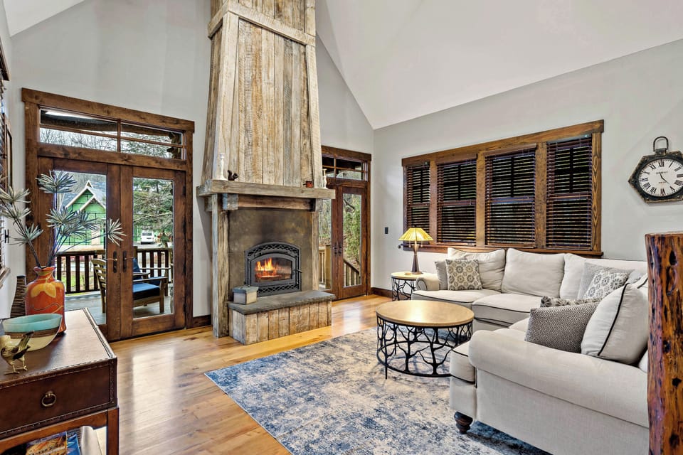 Living room with wood-burning fireplace