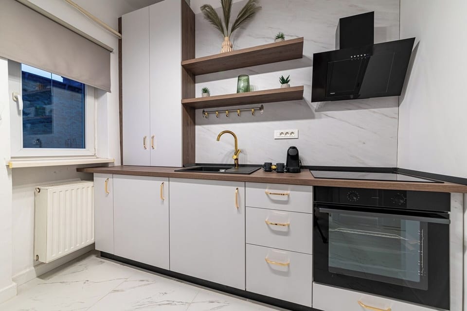 Spacious open-space kitchen equipped with induction cooktop, oven, espresso machine, hood, fridge with freezer
