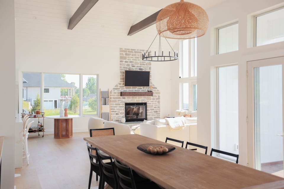 The kitchen flows into the dining room and open living space