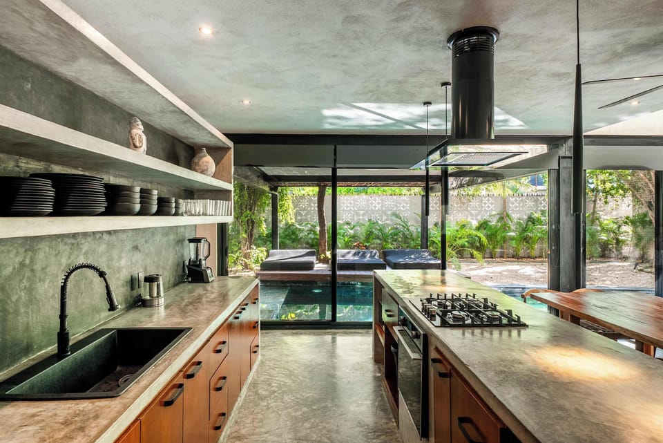 Kitchen and pool in the background