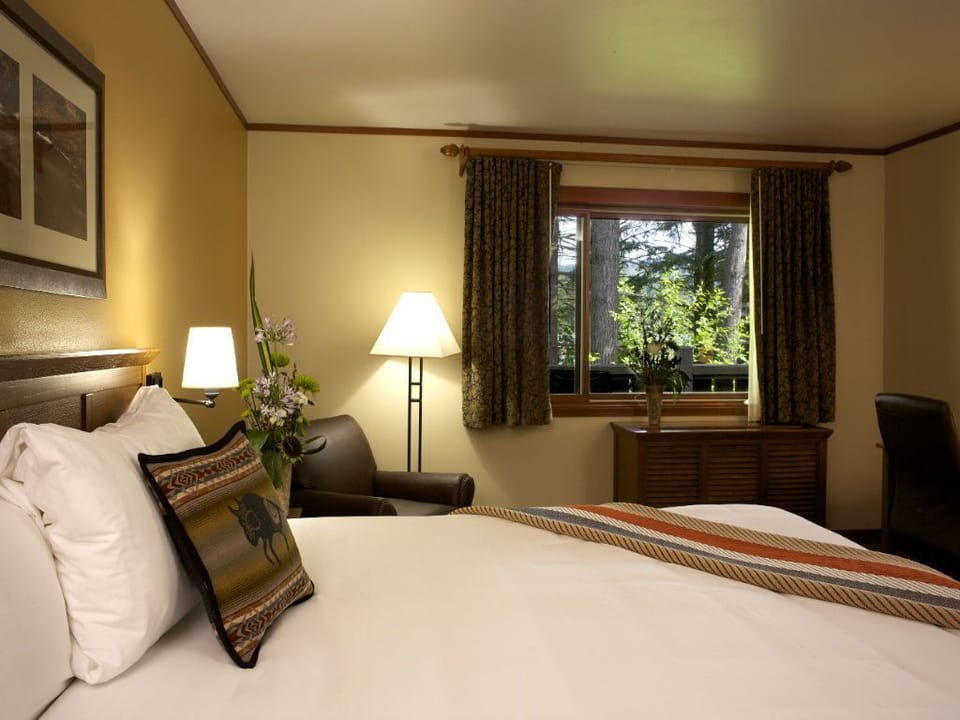 A cozy, inviting bedroom with soft lighting and a view of nature, perfect for unwinding and relaxing.