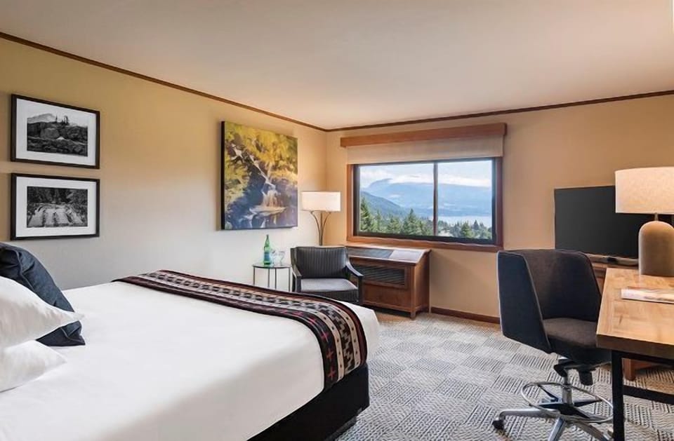 A bright and inviting room featuring a plush bed, calming decor, and a workspace bathed in natural light.