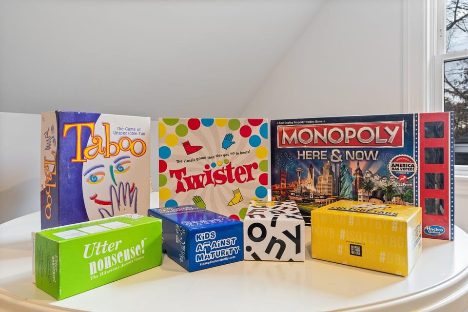 Enjoy quality time with classic games like Taboo, Twister, and Monopoly.