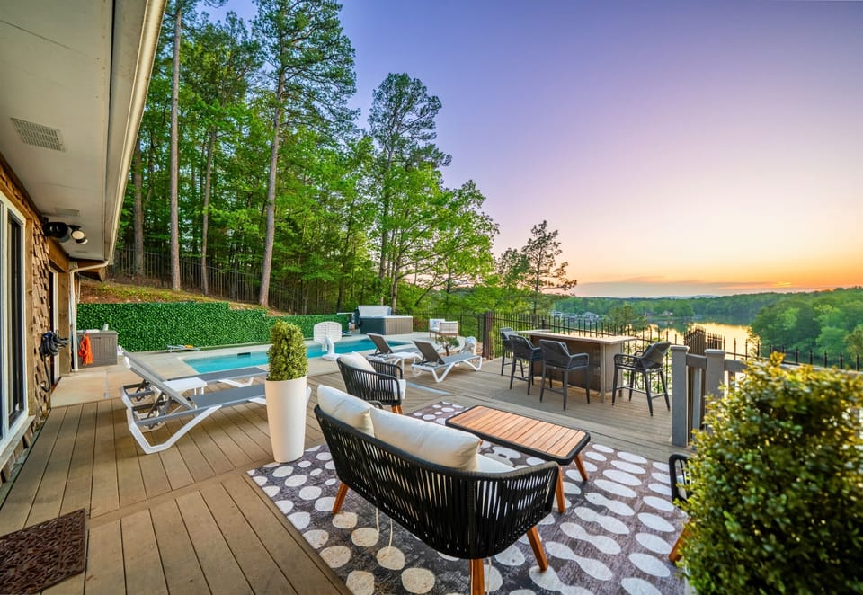Savor lakeside dining on the spacious patio, where stylish seating and incredible views make every meal feel special.