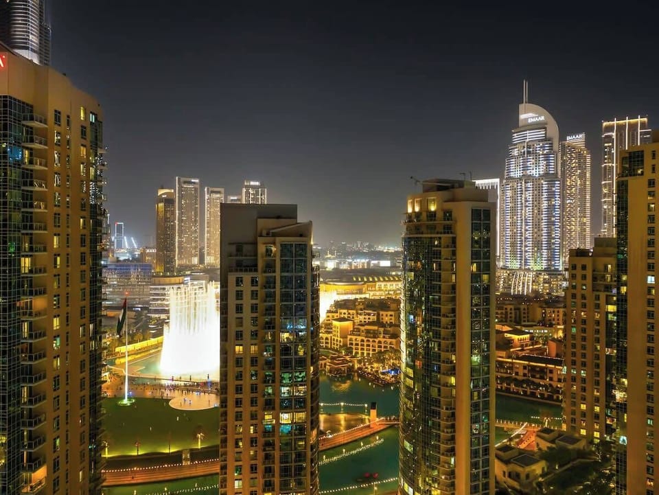 View from apartment balcony - Dubai Fountain Show at night