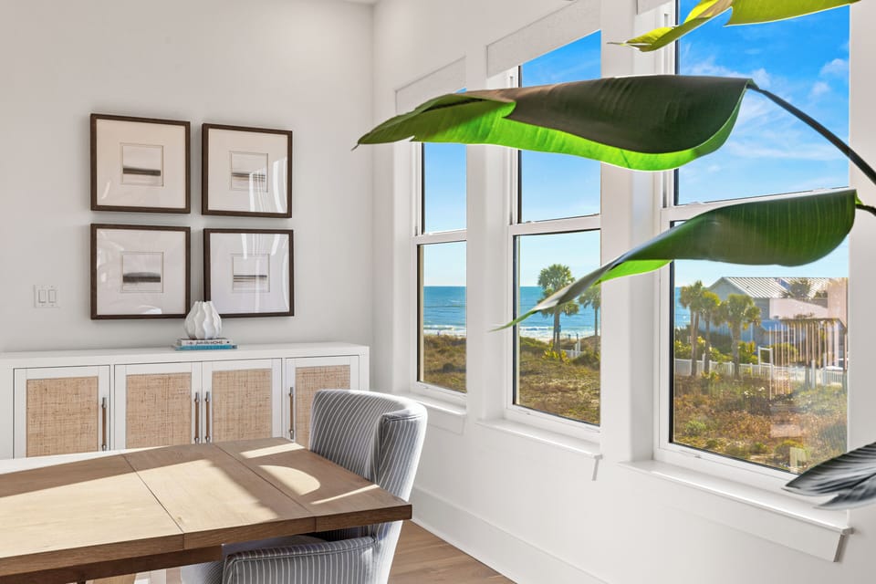 Your bright workspace overlooks stunning ocean views, perfect for working or relaxing with the soothing sound of waves nearby.