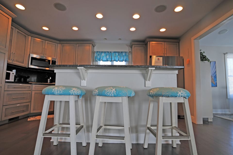 Kitchen island and bar stools.