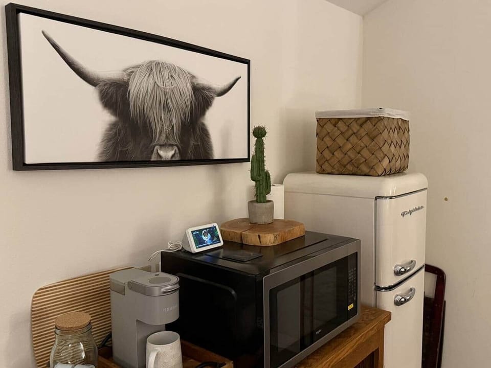 Bring a few groceries and you’ll never have to leave: microwave, refrigerator and freezer, coffee maker, coffee, tea kettle, electric skillet, and deck charcoal grill and fire side wood grill. 