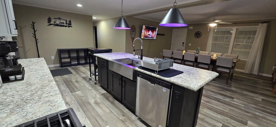 Kitchen island, dining area.