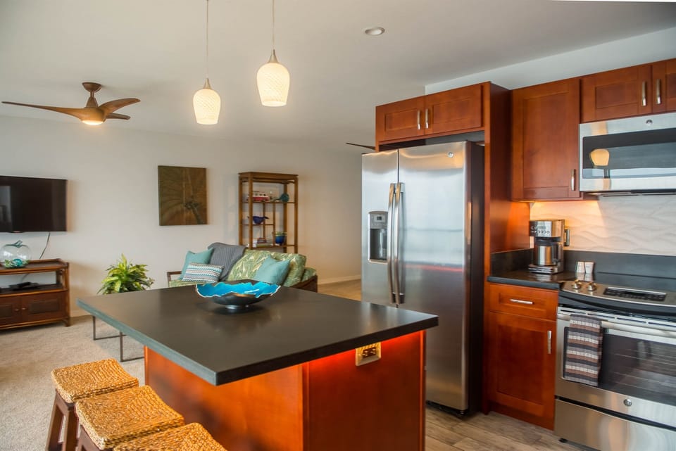 The kitchen has full size appliances, Ice maker, microwave, dishwasher and coffee maker.