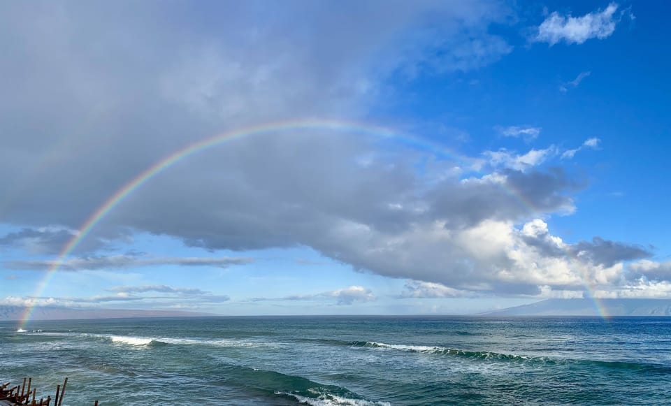 View from the shore with the islands of Lanai left (south) and Molokai right.