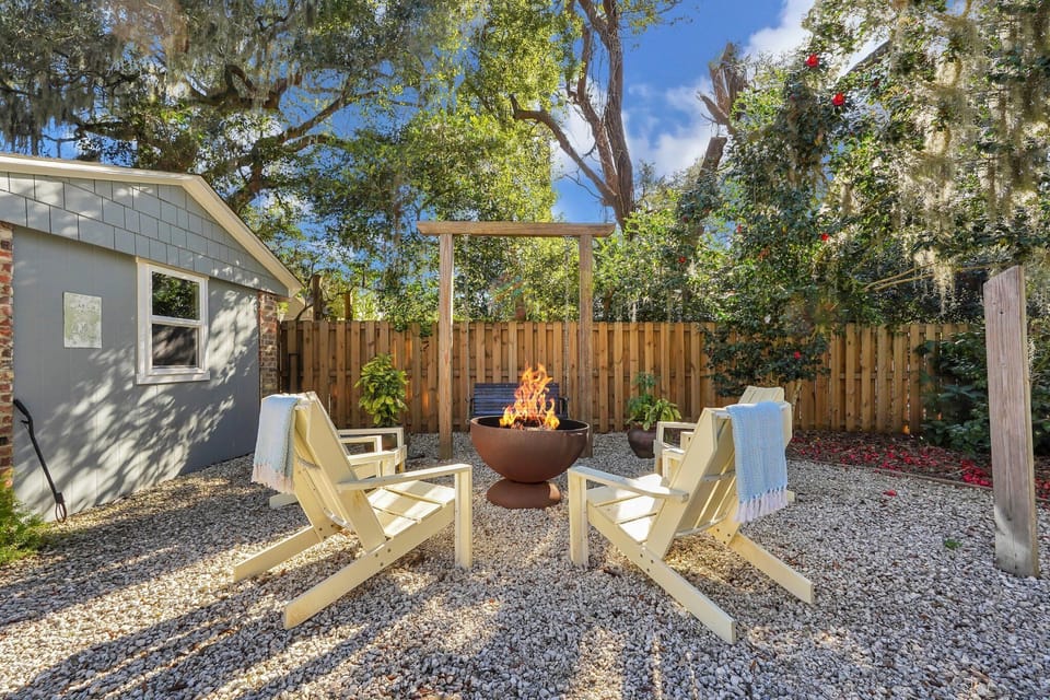 Fire pit in the enclosed back yard