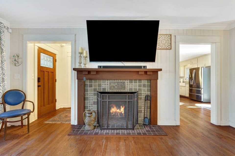 Stunning tile fireplace and HDTV in the living room