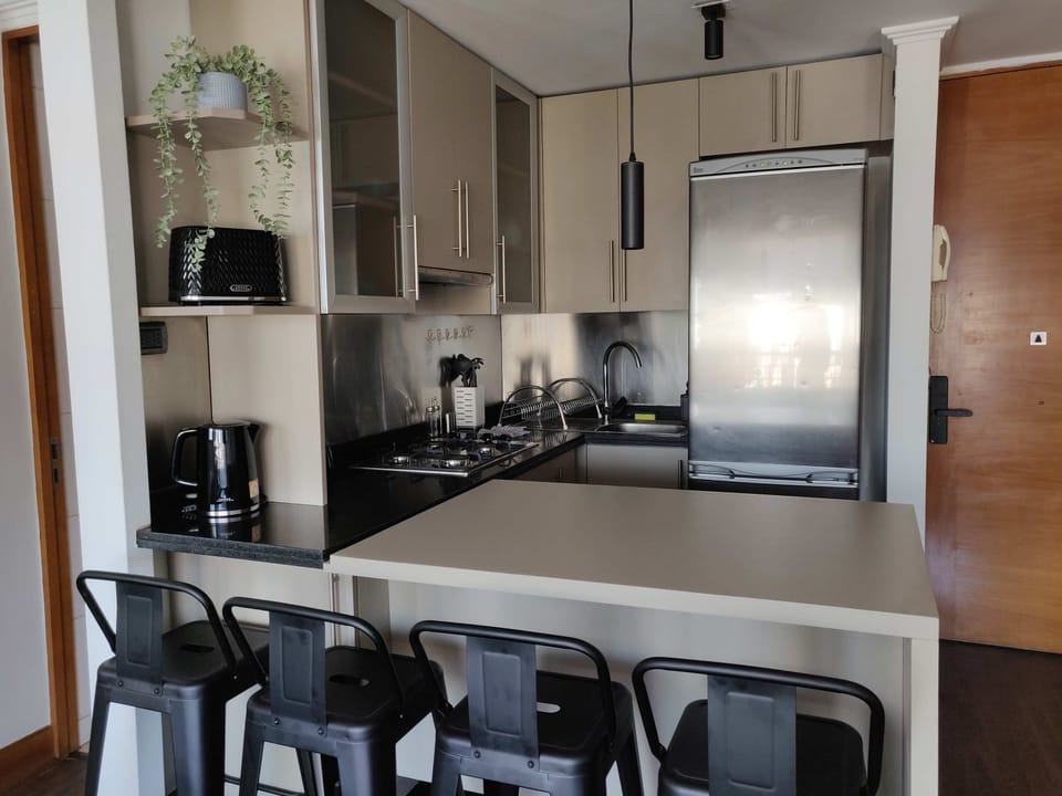 Sleek and modern kitchen with stainless steel appliances and cozy bar seating, perfect for cooking and dining.