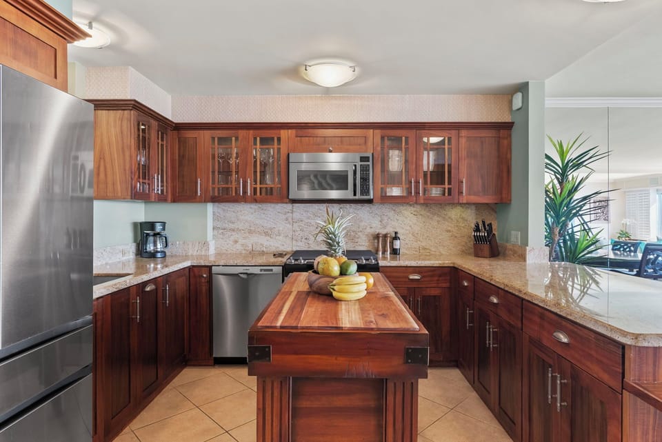 Fully equipped with modern appliances and a central island.