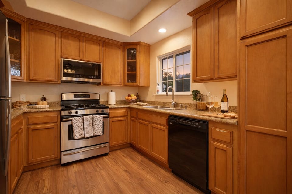 Fully equipped kitchen with modern appliances.