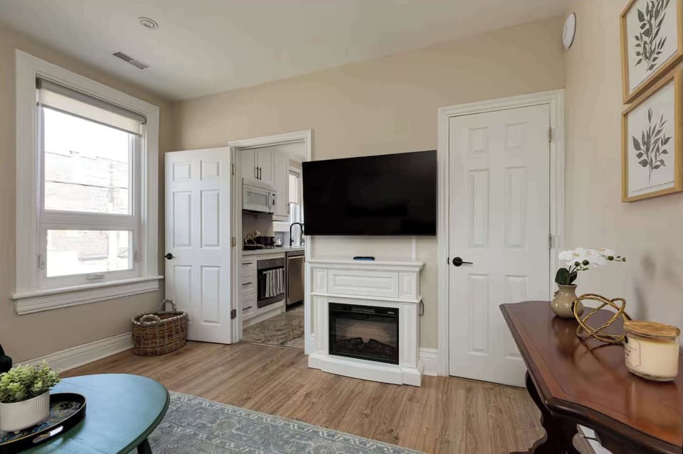 Living room with smart TV and natural light