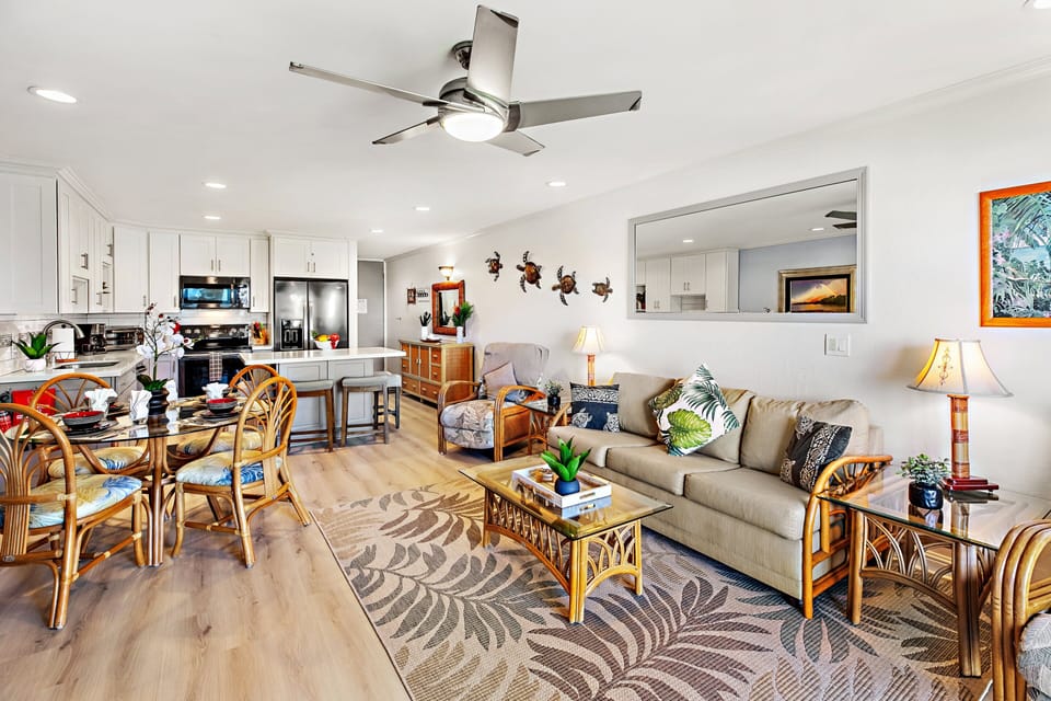 Silent ceiling fan and Window A/C unit in the living room