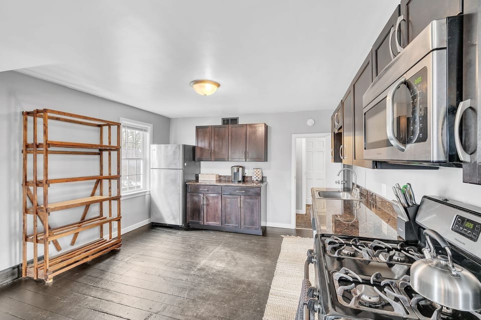 Indoors, Kitchen, Floor, Lamp, Refrigerator