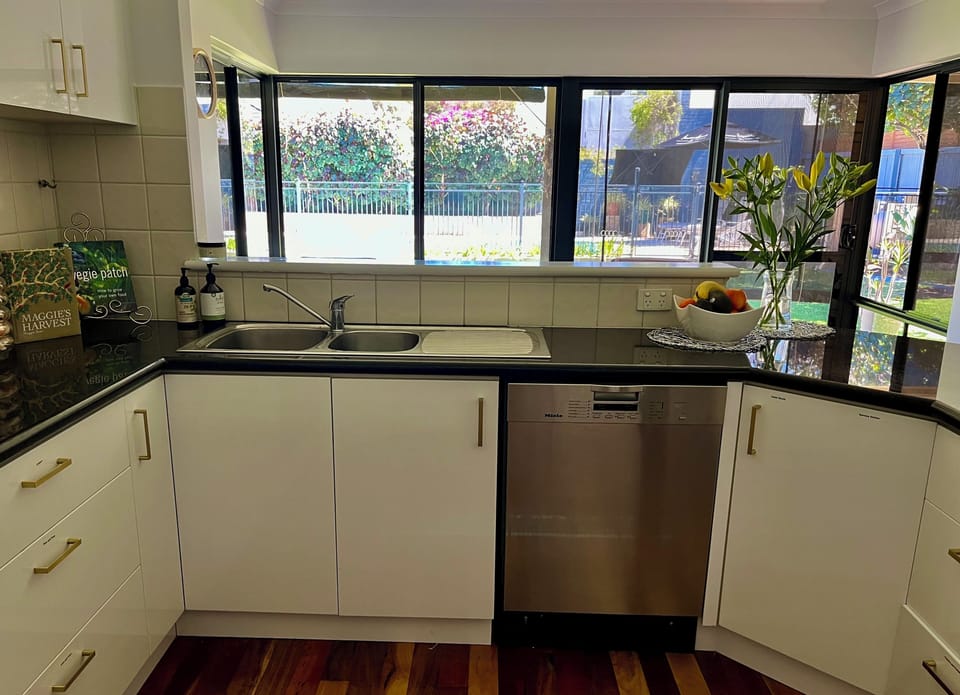 Kitchen working space, including oven, stove, dishwasher, microwave.