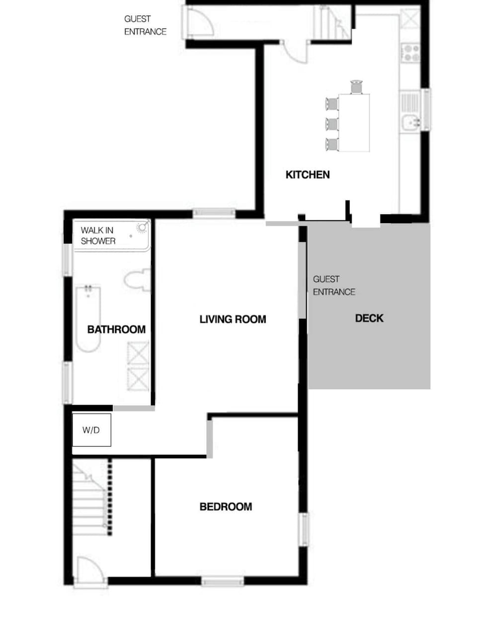 Here is the 1st floor layout. Guests will have the option to enter via the deck or kitchen on the other side. 