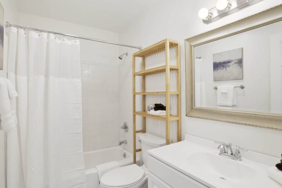 Wash off the salt in the full bathroom with a tub and shower.
