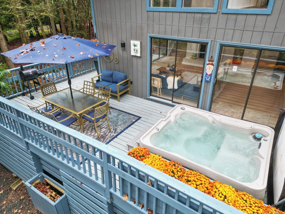 Hot tub and deck. Note, flowers are dead during the winter. Oops.