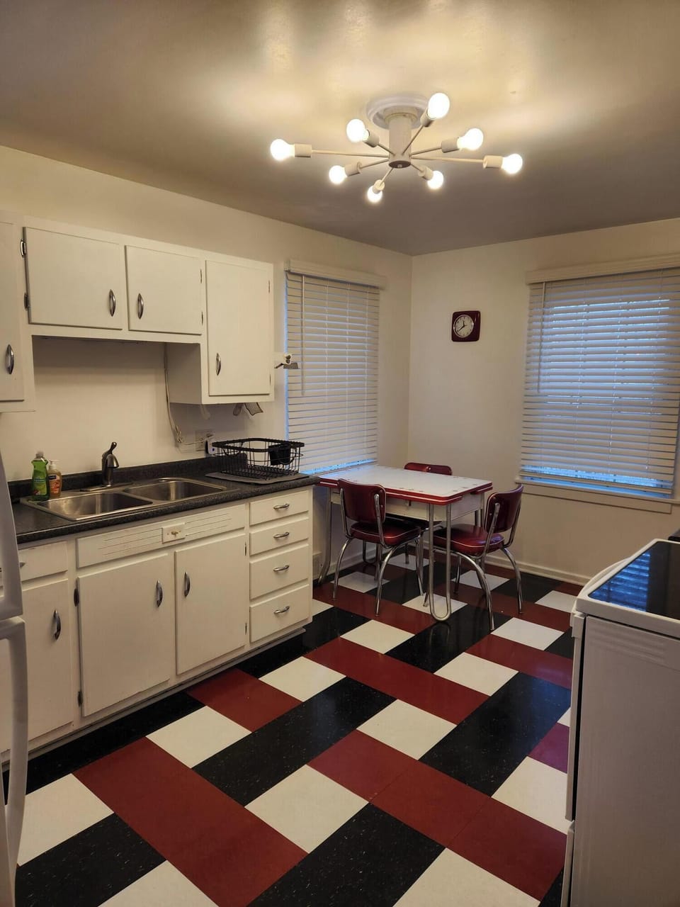 The eat-in kitchen seats three people