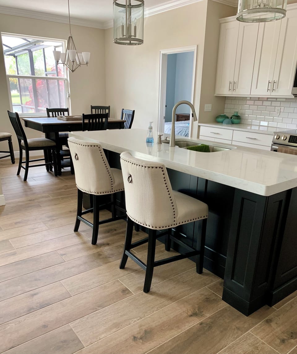 Kitchen island (seats 2) and breakfast nook (seats 6)