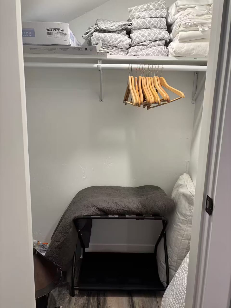 Luggage rack, iron, ironing boards, extra linens, extra pillow and blankets.
