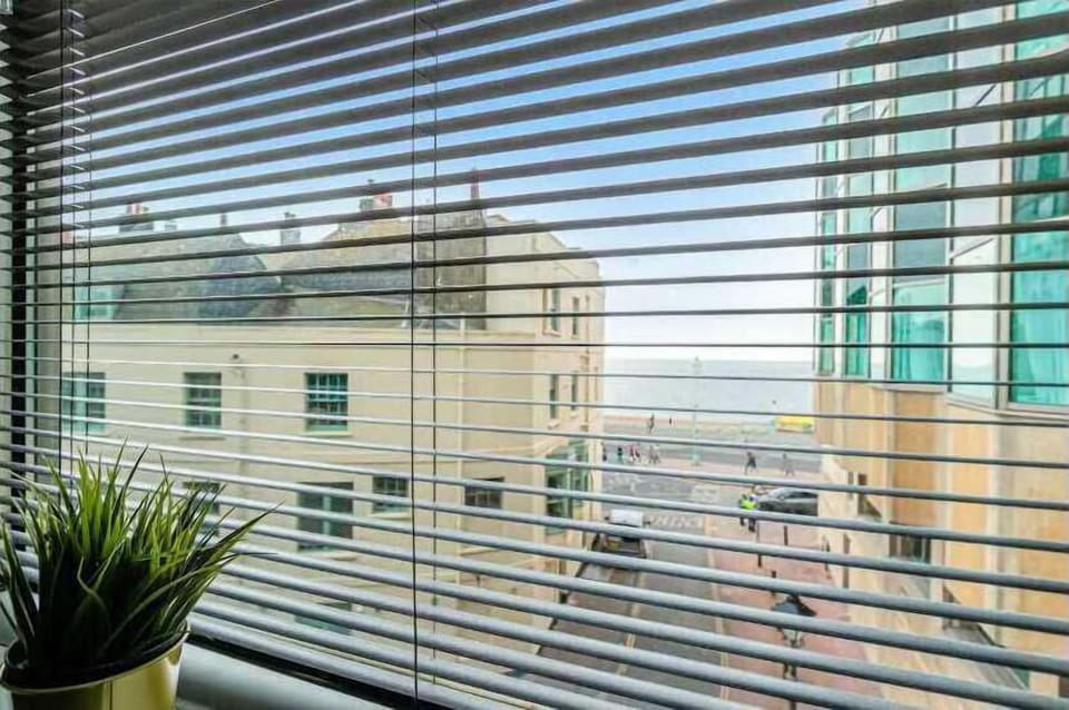 View through venetian blinds showing neighboring cream-colored apartment buildings with a small potted plant on the windowsill.