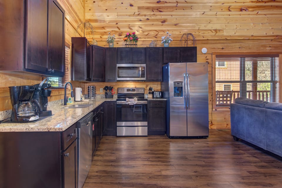 Kitchen with stainless steel appliances.