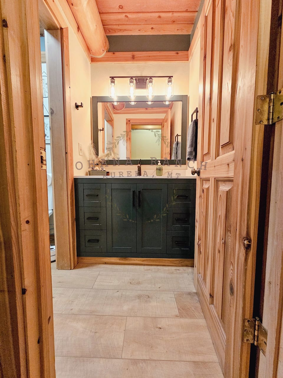 Emerald Bathroom: Shower, tub, blowdryer, and vanity. (1)
