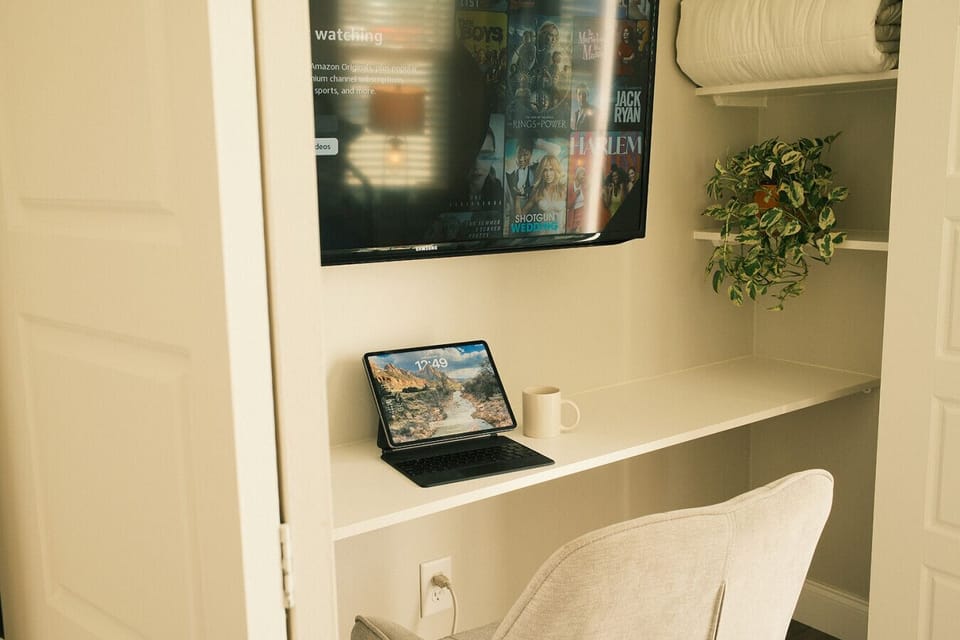 A clever nook with desk and chair, perfect for a little remote work between beach trips.