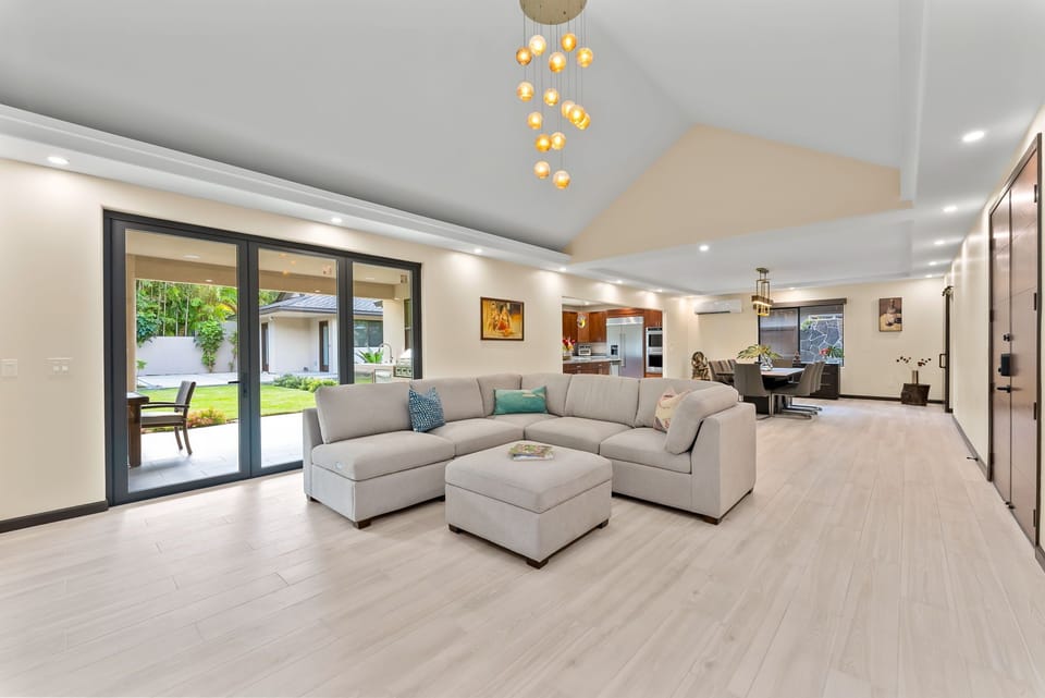 Chic, open living area with stylish décor and vibrant accents.