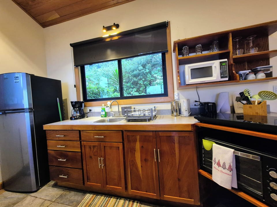 We offer  coffee maker, french press, microwave, toaster, oven, stove and more. 