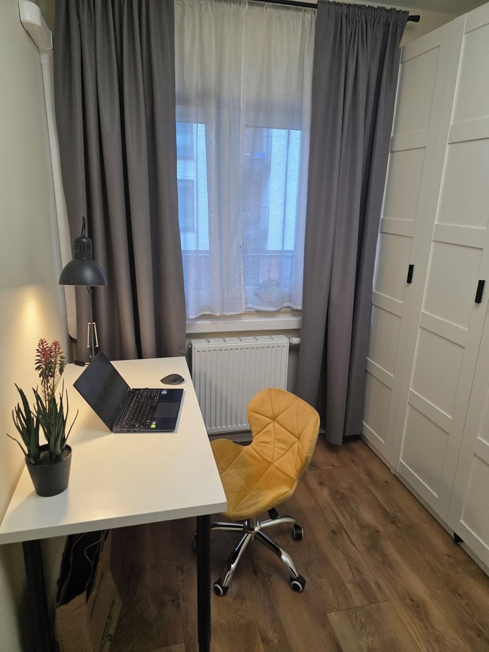 Work desk with lamp. Closet with shelving.