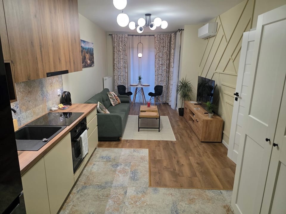 Entrance view. Kitchen, Salon & Dining areas. Smart TV & Hi-Speed WiFi. AC.