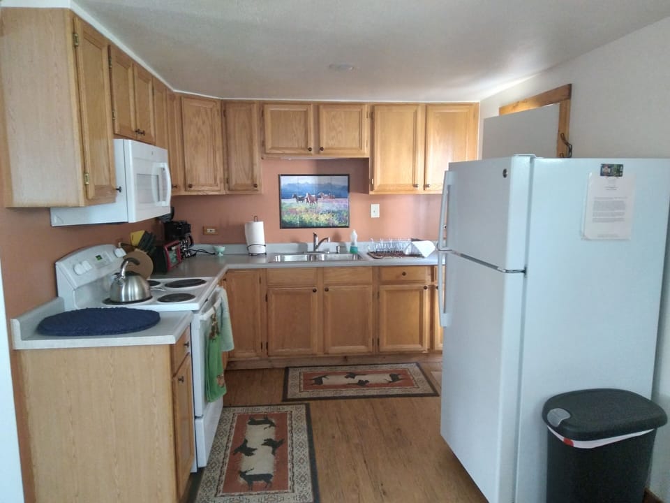Kitchen showing refrigerator, trash can, stove, counters, microwave