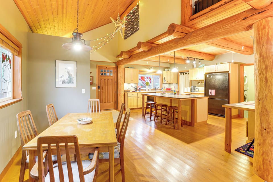 Kitchen & Dining Area | Open Floor Plan | Wood Beams