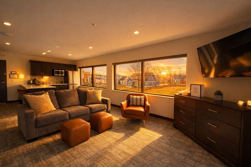 Unwind in golden evening light as the sun sets beyond your window. Cozy seating, warm tones, and a peaceful neighborhood view create the perfect space to relax after a day exploring. This is where comfort meets unforgettable sunsets.