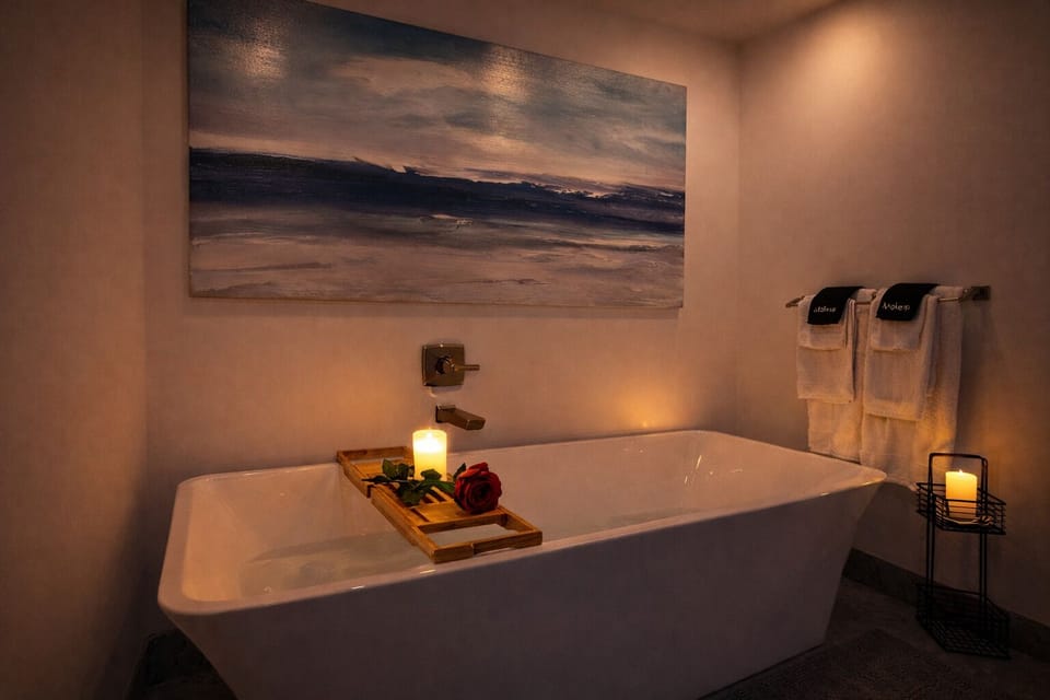 Slip into a private soaking tub, candlelight glowing and a single rose waiting. Soft lighting and spa-like serenity set the tone for a peaceful escape designed for relaxation, reconnection, and pure indulgence.