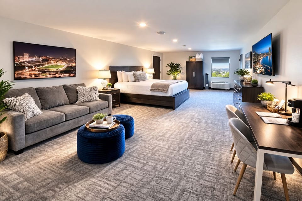 A bright and inviting room with a comfortable bed, soft linens, and ample natural light for a restful experience.