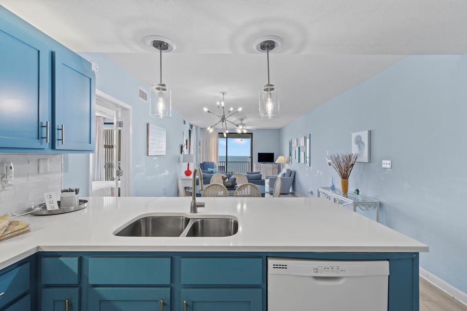 Open concept kitchen, living and dining area