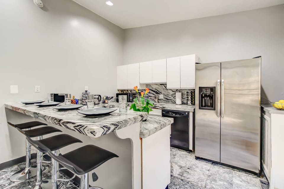 Indoors, Kitchen, Refrigerator, Plate, Kitchen Island