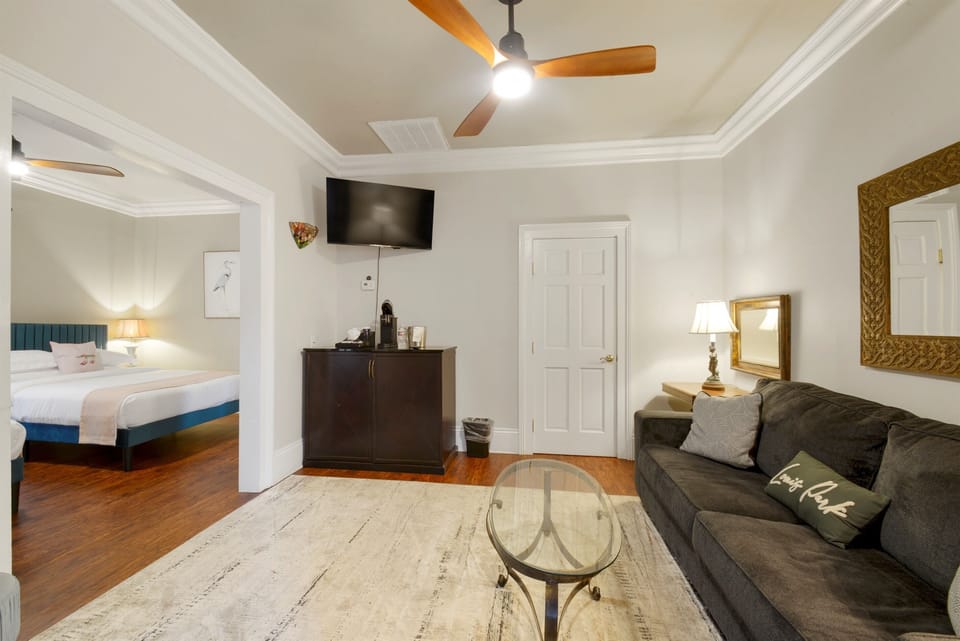 Living room with queen sleeper sofa and Roku TV