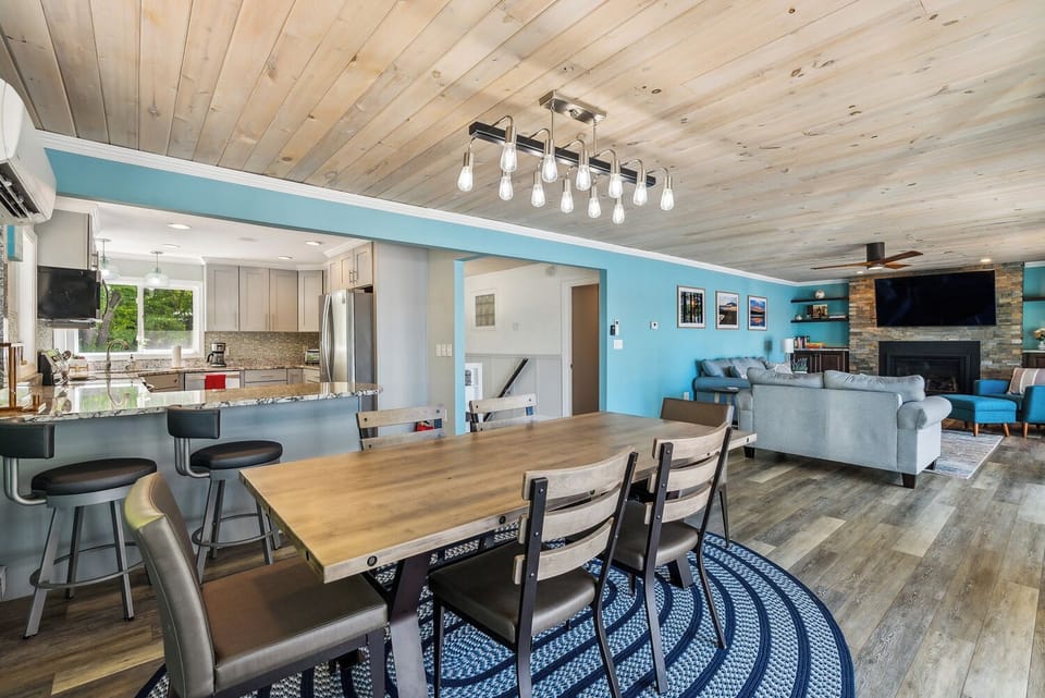 Open concept dining room, kitchen and living room from the upper floor